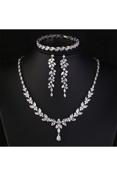 Choice S3560 White ZAKOL Luxury Brilliant Zirconia Leaf Necklace Earrings Rings Bracelets Set for Women CZ