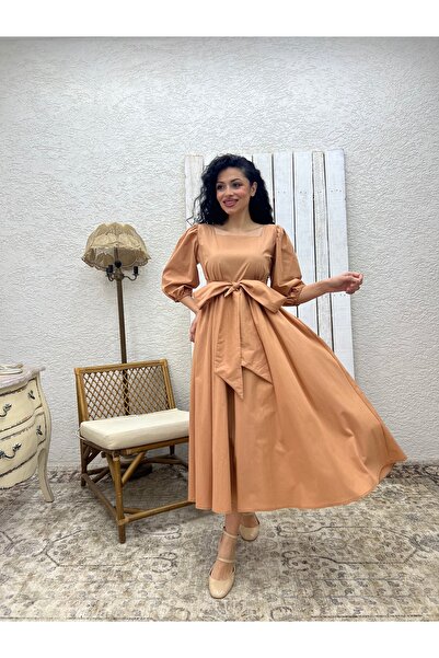 KÜÇÜĞÜM BUTİK Φόρεμα Camel Long Bow Flared Poplin