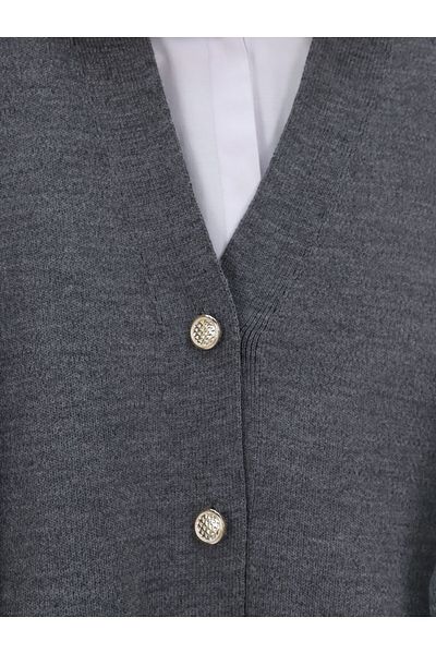 Modamorfo V-Neck Buttoned Oversize Knitwear Cardigan - Smoked