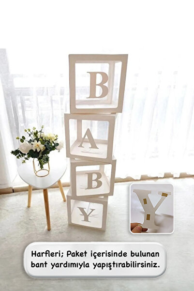 Parti Atölyesi BABY Yazılı Beyaz Şeffaf Balon Kutusu 25x25cm Yapışkanlı Harfli