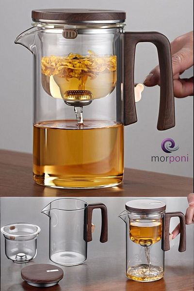 morponi Borosilicate Glass Luxury Herbal Tea Infuser with Wooden Lid and Handle Detail and Magnet Feature 520 ml