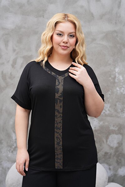 Siyezen Large Size Oversize Blouse with Silver Gold Stone Printed Collar