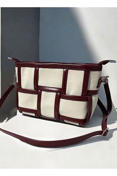 Katusa Women's Canvas Knitted Burgundy-Cream Shoulder Bag