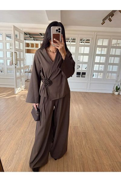 My Blog Brown Rose Detailed Blouse Trousers Set - 8637