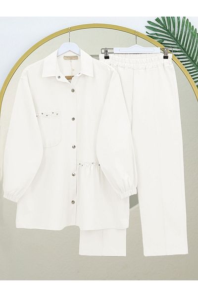 Modamorfo Pearl Detailed Snap Fastener Washable Cotton Gabardine Suit -White