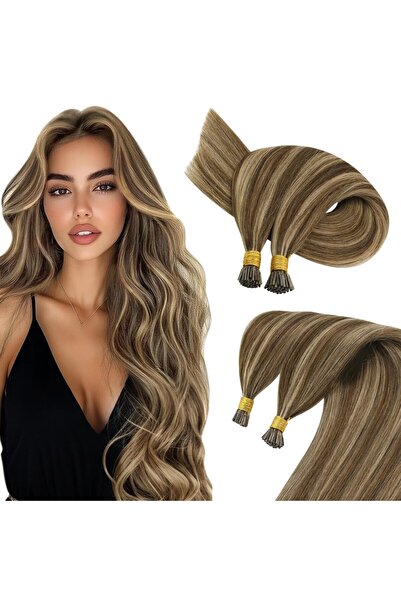 Sunny Hair وصلات شعر بشري من I Tip بلون بني غامق وكراميل وأشقر 14 بوصة 50 جرام