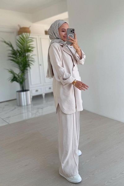 Ka Hijab Beige Casual Jacket & Trousers Double Set