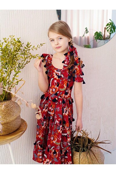 Hilal Akıncı Kids Kız Çocuk Kırmızı Püsküllü Pamuk Viskon Elbise