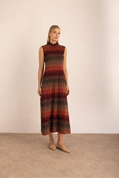 Aker Desenli Simli Örme Kolsuz Elbise