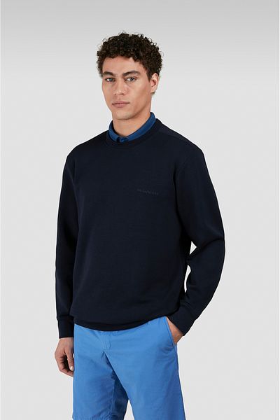 PAUL&SHARK Men's Regular Fit Round Neck Back Shark Printed Front Logo Embroidered Cotton Long Sleeve Navy Blue S
