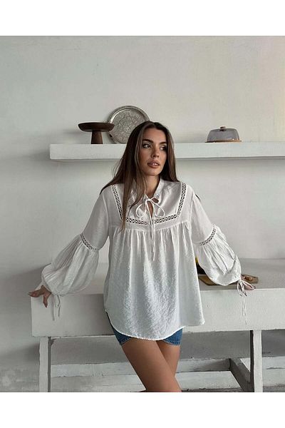 gmbutikk Cămașă cu mânecă cu balon cu dantelă pentru femei Cămașă pentru femei Cămașă PREMIUM