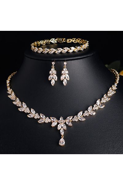 Choice S3156 Gold ZAKOL Luxury Brilliant Zirconia Leaf Necklace Earrings Rings Bracelets Set for Women CZ D