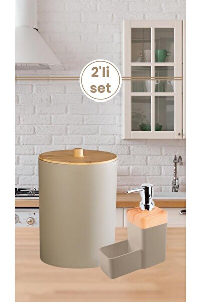 Flora Bambu Desenli Mutfak Çöp Kovası ve Süngerli Sabunluk & Bulaşık Deterjanlığı 2’li Set KAHVE