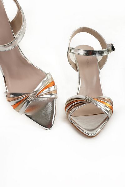 Eray Women's Stone Detailed Colorful Cross Strap Thin Heel Evening Dress Shoes