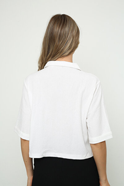 Trendglow Cămașă albă pentru femei, cu nasturi, cu mâneci scurte, cu guler