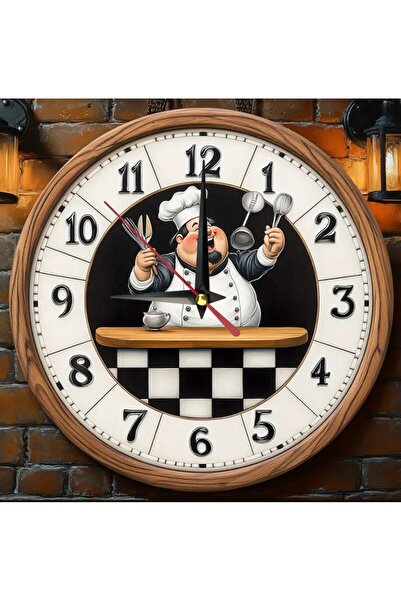 esdekor 24,89x24,89cm Tasarım Vintage Şef Temalı Duvar Saat Sessiz Ön kısmınd...