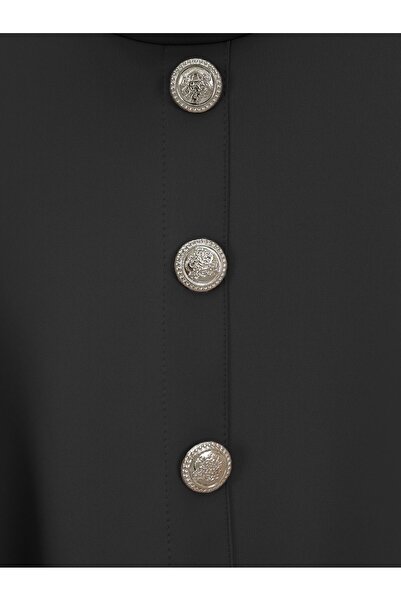 Modamorfo Button Detailed Stand Collar Scuba Suit with Ruffles on the Shoulders - Black