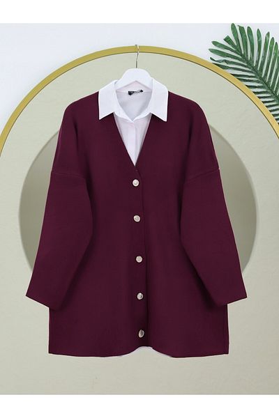 Modamorfo V-Neck Buttoned Oversize Knitwear Cardigan - Burgundy