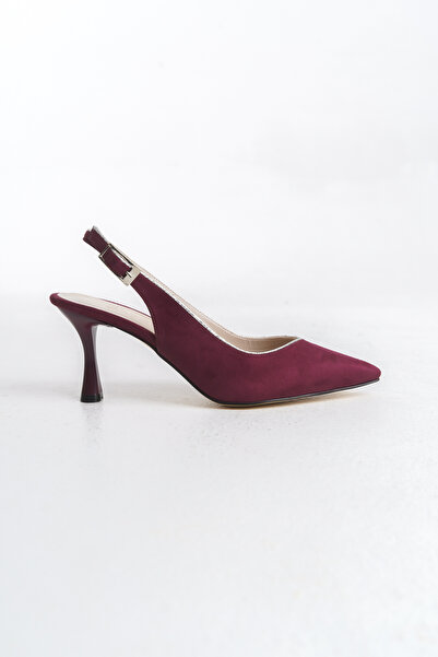 Redoxy Women's Special Design Silver Trimmed Black Suede Design Pointed Toe Buckle Detailed Stiletto Shoes