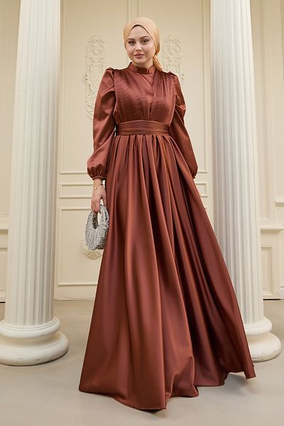 InStyle Φόρεμα με σταυρωτό σχέδιο πλισέ καφέ σατέν