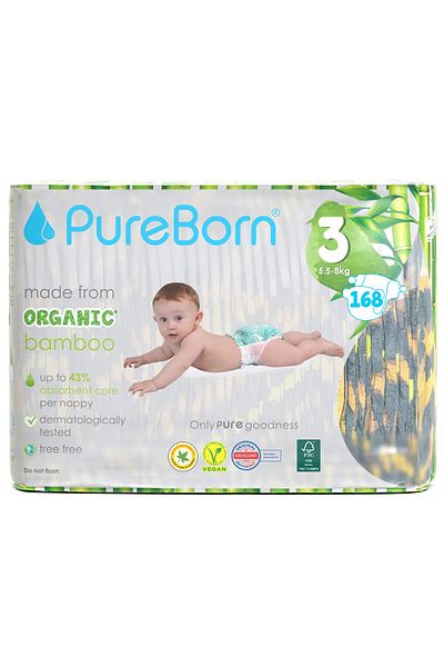 PUREBORN Organic Diapers Size 3 For 5.5-8 Kg Master Value Pack 168pcs with Assorted  Print