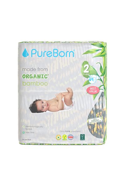 PUREBORN Organic Diapers Size 2 For 3-6 Kg Value Pack 64pcs with Leopard Print