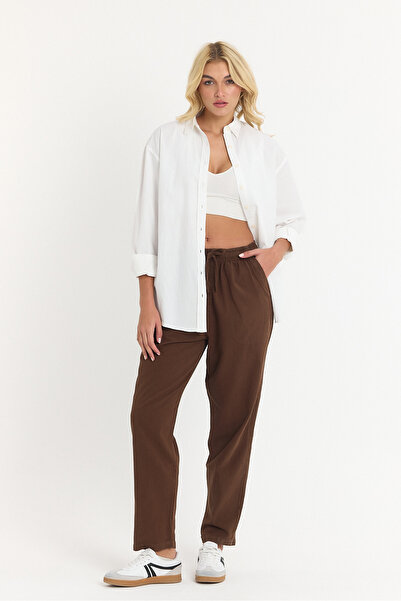 MAXIMILLIAN Kadın Keten Yazlık Bol Kesim Kesim Pantolon KAHVERENGİ