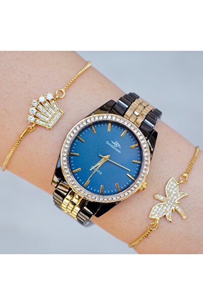 Genel Markalar Taşlı kasa siyah gold metal kordon saat kombini Saat Kampanyas...