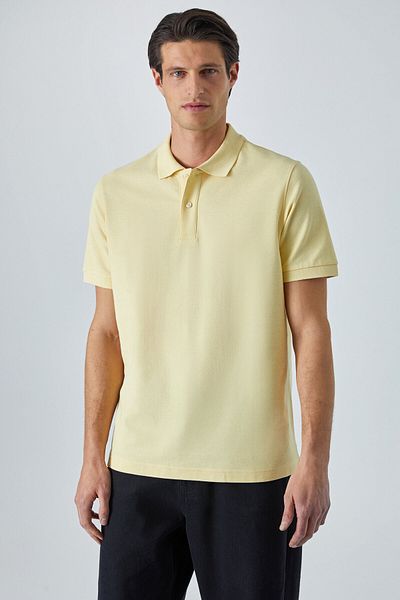 GRIMELANGE Zeke Men's Polo Neck Relaxed Fit Placket Button Short Sleeve Yellow T-Shirt