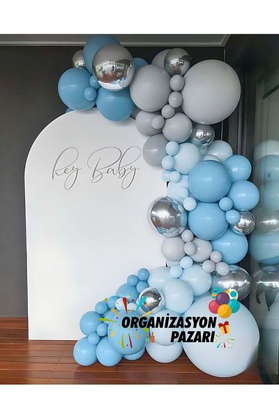 Organizasyon Pazarı 60 Pieces Blue-Grey-Pastel Balloon Chain Set - Storm, Macaron, Chrome Silver