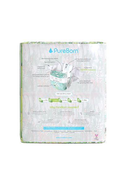 PUREBORN Organic Diapers Size 2 For 3-6 Kg Value Pack 64pcs with Assorted  Print