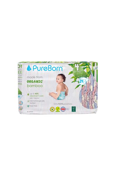 PUREBORN Organic Diapers Size 4 For 7-12 Kg Single Pack 24pcs with Clouds Print