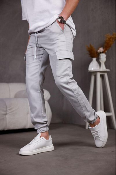 Oksit Hend Slim Fit Lycra Linen Cargo Trousers with Jogging Legs and Elastic Waist