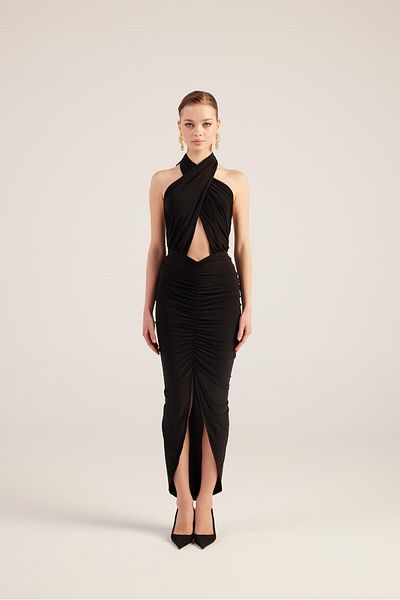 HOLLY LOLLY Drape Detailed Backless Slit Long Marie Dress Black