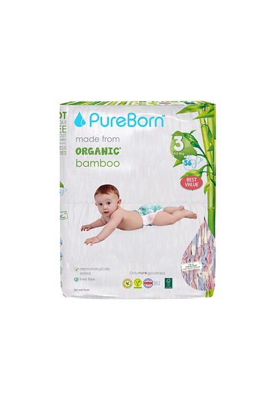 PUREBORN Organic Diapers Size 3 For 5.5-8 Kg Value Pack 56pcs with Clouds Print