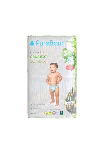 PUREBORN Organic Diapers Size 5 For 11-18 Kg Value Pack 44pcs with Leopard Print