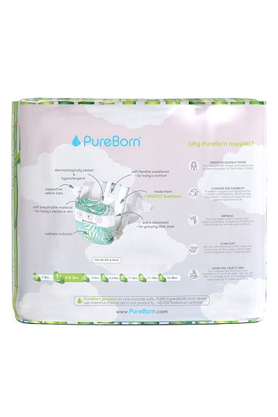 PUREBORN Organic Diapers Size 1 For Upto 5Kg Master Pack 136pcs with Assorted  Print
