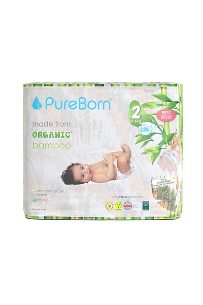PUREBORN Organic Diapers Size 2 For 3-6 Kg Master Pack 128pcs with Pineapple Print