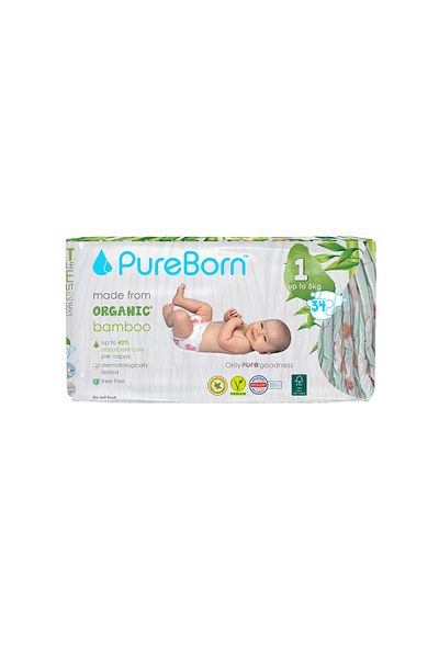 PUREBORN Organic Diapers Size 1 For Upto 5Kg Single Pack 34pcs with Daisy Print