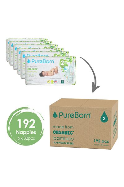 PUREBORN Organic Diapers Size 2 For 3-6 Kg Master Value Pack 192pcs with Assorted  Print