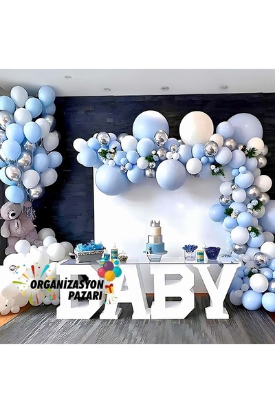 Organizasyon Pazarı مجموعة بالونات ماكارون أزرق-كروم فضي-أبيض مكونة من 100 قط...