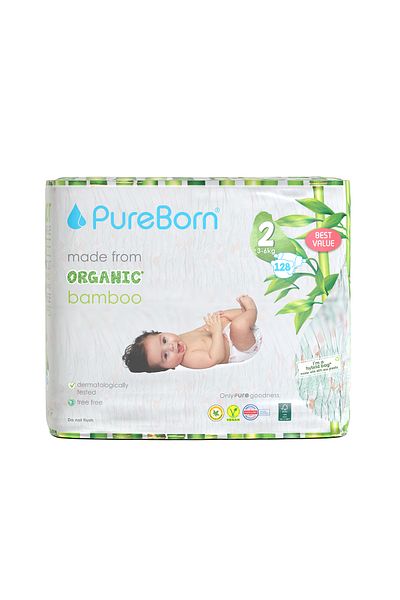 PUREBORN Organic Diapers Size 2 For 3-6 Kg Master Pack 128pcs with Assorted  Print