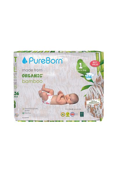 PUREBORN Organic Diapers Size 1 For Upto 5Kg Master Pack 136pcs with Pineapple Print