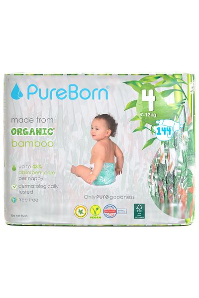 PUREBORN Organic Diapers Size 4 For 7-12 Kg Master Value Pack 144pcs with Assorted  Print