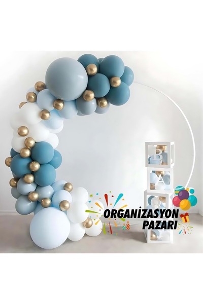 Organizasyon Pazarı Balon Seti Beyaz-Fırtına Mavi-Krom Gold-Derin Okyanus 100...