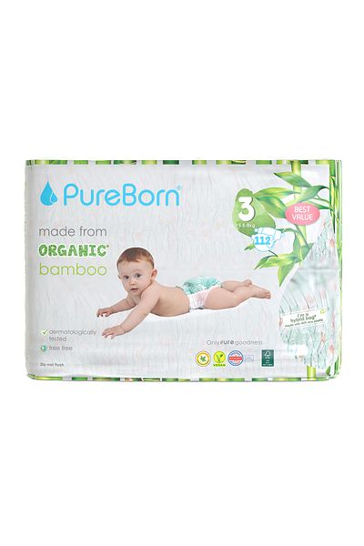 PUREBORN Organic Diapers Size 3 For 5.5-8 Kg Master Pack 112pcs with Daisy Print