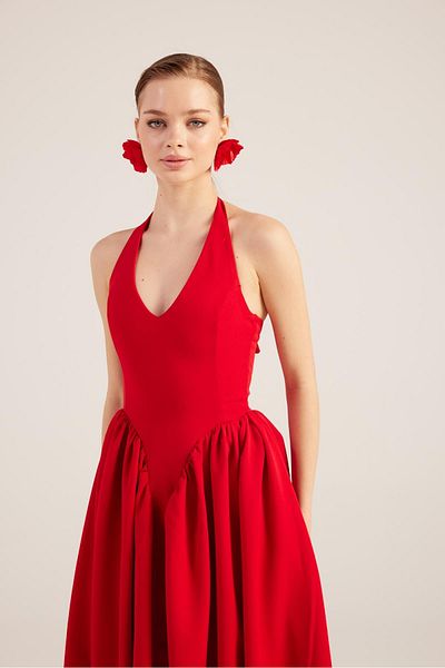 HOLLY LOLLY Long Ophelia Dress - Red Halter Neck Fitted Waist