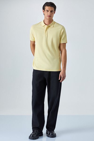 GRIMELANGE Zeke Men's Polo Neck Relaxed Fit Placket Button Short Sleeve Yellow T-Shirt