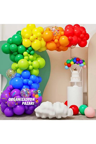 Organizasyon Pazarı Balloon Set Purple-Blue-Peanut Green-Green-Orange-Red-Yellow 60-Piece Balloon Chain Set