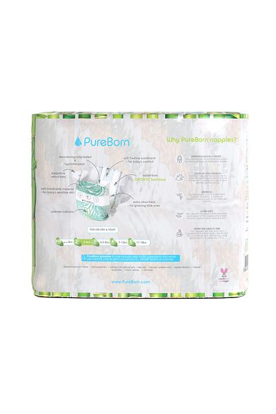 PUREBORN Organic Diapers Size 2 For 3-6 Kg Master Pack 128pcs with Pineapple Print
